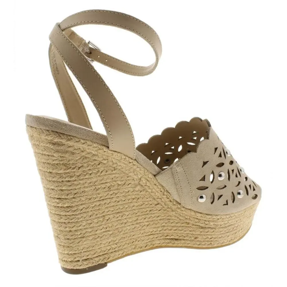 Marc Fisher Hata Beige Suede Studded Espadrille Wedge Sandals Size 9 / 9.5 NIB